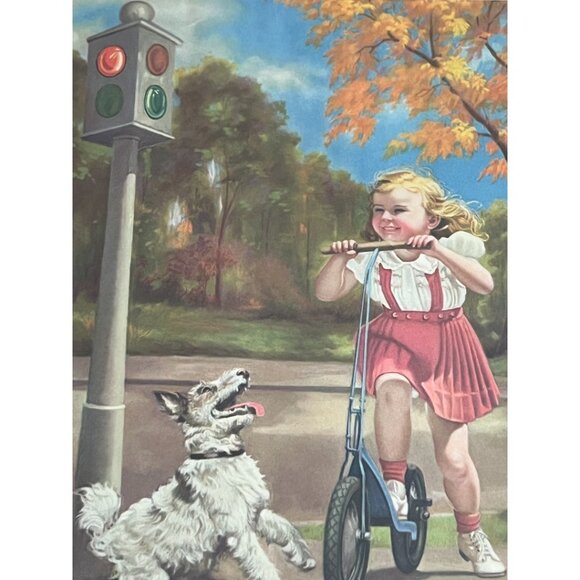 Vtg MCM Adelaide Hiebel Print "Cop on the Corner" with Gold Frame & Orange Mat - Picture 7 of 13